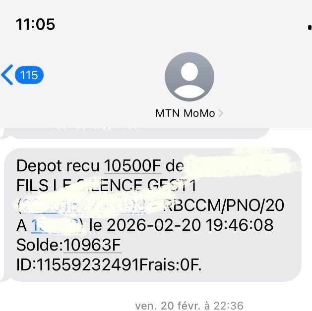 Preuve paiement MTN MoMo — Dépôt 10 500 FCFA